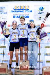 20.10.2024, Arcon, France (FRA): Lola Bugeaud (FRA), Louise Roguet (FRA), Lena Moretti (FRA), (l-r) - Biathlon Samse Summer Tour, pursuit, Arcon (FRA). www.nordicfocus.com. © Manzoni/NordicFocus. Every downloaded picture is fee-liable.