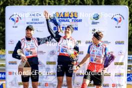 20.10.2024, Arcon, France (FRA): Emilien Jacquelin (FRA), Quentin Fillon Maillet (FRA), Fabien Claude (FRA), (l-r) - Biathlon Samse Summer Tour, pursuit, Arcon (FRA). www.nordicfocus.com. © Manzoni/NordicFocus. Every downloaded picture is fee-liable.