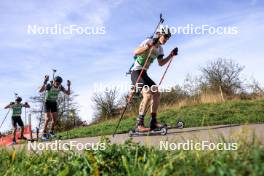 20.10.2024, Arcon, France (FRA): Camille Gratalou Manissollep (FRA), Antonin Guy (FRA), Finn Zurnieden (GER), (l-r) - Biathlon Samse Summer Tour, pursuit, Arcon (FRA). www.nordicfocus.com. © Manzoni/NordicFocus. Every downloaded picture is fee-liable.