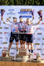 20.10.2024, Arcon, France (FRA): Lou Jeanmonnot (FRA), Julia Simon (FRA), Jeanne Richard (FRA), (l-r) - Biathlon Samse Summer Tour, pursuit, Arcon (FRA). www.nordicfocus.com. © Manzoni/NordicFocus. Every downloaded picture is fee-liable.