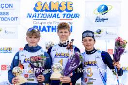 20.10.2024, Arcon, France (FRA): Lukas Tannheimer (GER), Leo Carlier (FRA), Antonin Guy (FRA), (l-r) - Biathlon Samse Summer Tour, pursuit, Arcon (FRA). www.nordicfocus.com. © Manzoni/NordicFocus. Every downloaded picture is fee-liable.