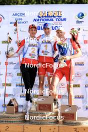 20.10.2024, Arcon, France (FRA): Corentin Jacob (FRA), Martin Botet (FRA), Ian Martinet (FRA), (l-r) - Biathlon Samse Summer Tour, pursuit, Arcon (FRA). www.nordicfocus.com. © Manzoni/NordicFocus. Every downloaded picture is fee-liable.