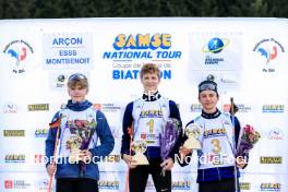 20.10.2024, Arcon, France (FRA): Lukas Tannheimer (GER), Leo Carlier (FRA), Antonin Guy (FRA), (l-r) - Biathlon Samse Summer Tour, pursuit, Arcon (FRA). www.nordicfocus.com. © Manzoni/NordicFocus. Every downloaded picture is fee-liable.