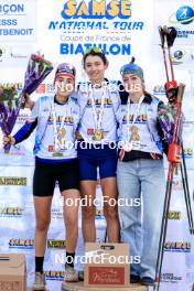 20.10.2024, Arcon, France (FRA): Lola Bugeaud (FRA), Louise Roguet (FRA), Lena Moretti (FRA), (l-r) - Biathlon Samse Summer Tour, pursuit, Arcon (FRA). www.nordicfocus.com. © Manzoni/NordicFocus. Every downloaded picture is fee-liable.