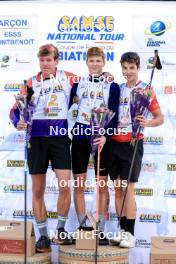 20.10.2024, Arcon, France (FRA): Enzo Bouillet (FRA), Leo Carlier (FRA), Clement Pires (FRA), (l-r) - Biathlon Samse Summer Tour, pursuit, Arcon (FRA). www.nordicfocus.com. © Manzoni/NordicFocus. Every downloaded picture is fee-liable.