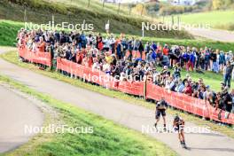 20.10.2024, Arcon, France (FRA): Lou Jeanmonnot (FRA), Julia Simon (FRA), (l-r) - Biathlon Samse Summer Tour, pursuit, Arcon (FRA). www.nordicfocus.com. © Manzoni/NordicFocus. Every downloaded picture is fee-liable.