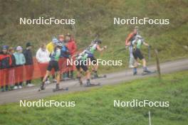 20.10.2024, Arcon, France (FRA): Auguste Cruz (FRA), Mael Maliqueo-Repoux (FRA), Elie Roussel (FRA), Clement Rodriguez (FRA), (l-r) - Biathlon Samse Summer Tour, pursuit, Arcon (FRA). www.nordicfocus.com. © Manzoni/NordicFocus. Every downloaded picture is fee-liable.