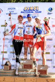 20.10.2024, Arcon, France (FRA): Corentin Jacob (FRA), Martin Botet (FRA), Ian Martinet (FRA), (l-r) - Biathlon Samse Summer Tour, pursuit, Arcon (FRA). www.nordicfocus.com. © Manzoni/NordicFocus. Every downloaded picture is fee-liable.