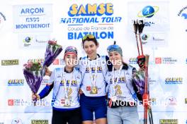 20.10.2024, Arcon, France (FRA): Lola Bugeaud (FRA), Louise Roguet (FRA), Lena Moretti (FRA), (l-r) - Biathlon Samse Summer Tour, pursuit, Arcon (FRA). www.nordicfocus.com. © Manzoni/NordicFocus. Every downloaded picture is fee-liable.