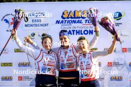 20.10.2024, Arcon, France (FRA): Lou Jeanmonnot (FRA), Julia Simon (FRA), Jeanne Richard (FRA), (l-r) - Biathlon Samse Summer Tour, pursuit, Arcon (FRA). www.nordicfocus.com. © Manzoni/NordicFocus. Every downloaded picture is fee-liable.