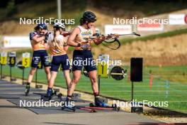 20.10.2024, Arcon, France (FRA): Lou Jeanmonnot (FRA), Jeanne Richard (FRA), Julia Simon (FRA), (l-r) - Biathlon Samse Summer Tour, pursuit, Arcon (FRA). www.nordicfocus.com. © Manzoni/NordicFocus. Every downloaded picture is fee-liable.