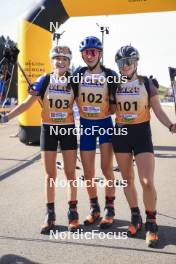 20.10.2024, Arcon, France (FRA): Lola Bugeaud (FRA), Louise Roguet (FRA), Lena Moretti (FRA), (l-r) - Biathlon Samse Summer Tour, pursuit, Arcon (FRA). www.nordicfocus.com. © Manzoni/NordicFocus. Every downloaded picture is fee-liable.