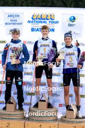 20.10.2024, Arcon, France (FRA): Lukas Tannheimer (GER), Leo Carlier (FRA), Antonin Guy (FRA), (l-r) - Biathlon Samse Summer Tour, pursuit, Arcon (FRA). www.nordicfocus.com. © Manzoni/NordicFocus. Every downloaded picture is fee-liable.