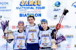 20.10.2024, Arcon, France (FRA): Lola Bugeaud (FRA), Louise Roguet (FRA), Lena Moretti (FRA), (l-r) - Biathlon Samse Summer Tour, pursuit, Arcon (FRA). www.nordicfocus.com. © Manzoni/NordicFocus. Every downloaded picture is fee-liable.