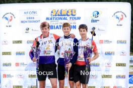 20.10.2024, Arcon, France (FRA): Enzo Bouillet (FRA), Leo Carlier (FRA), Clement Pires (FRA), (l-r) - Biathlon Samse Summer Tour, pursuit, Arcon (FRA). www.nordicfocus.com. © Manzoni/NordicFocus. Every downloaded picture is fee-liable.