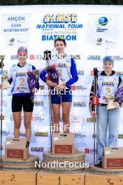 20.10.2024, Arcon, France (FRA): Lola Bugeaud (FRA), Louise Roguet (FRA), Lena Moretti (FRA), (l-r) - Biathlon Samse Summer Tour, pursuit, Arcon (FRA). www.nordicfocus.com. © Manzoni/NordicFocus. Every downloaded picture is fee-liable.