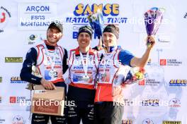 20.10.2024, Arcon, France (FRA): Emilien Jacquelin (FRA), Quentin Fillon Maillet (FRA), Fabien Claude (FRA), (l-r) - Biathlon Samse Summer Tour, pursuit, Arcon (FRA). www.nordicfocus.com. © Manzoni/NordicFocus. Every downloaded picture is fee-liable.