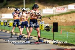 20.10.2024, Arcon, France (FRA): Lou Jeanmonnot (FRA), Jeanne Richard (FRA), Julia Simon (FRA), (l-r) - Biathlon Samse Summer Tour, pursuit, Arcon (FRA). www.nordicfocus.com. © Manzoni/NordicFocus. Every downloaded picture is fee-liable.