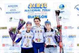 20.10.2024, Arcon, France (FRA): Lola Bugeaud (FRA), Louise Roguet (FRA), Lena Moretti (FRA), (l-r) - Biathlon Samse Summer Tour, pursuit, Arcon (FRA). www.nordicfocus.com. © Manzoni/NordicFocus. Every downloaded picture is fee-liable.