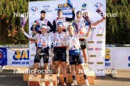 20.10.2024, Arcon, France (FRA): Emilien Jacquelin (FRA), Quentin Fillon Maillet (FRA), Fabien Claude (FRA), Lou Jeanmonnot (FRA), Julia Simon (FRA), Jeanne Richard (FRA), (l-r) - Biathlon Samse Summer Tour, pursuit, Arcon (FRA). www.nordicfocus.com. © Manzoni/NordicFocus. Every downloaded picture is fee-liable.