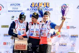 20.10.2024, Arcon, France (FRA): Emilien Jacquelin (FRA), Quentin Fillon Maillet (FRA), Fabien Claude (FRA), (l-r) - Biathlon Samse Summer Tour, pursuit, Arcon (FRA). www.nordicfocus.com. © Manzoni/NordicFocus. Every downloaded picture is fee-liable.