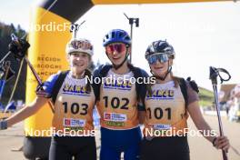 20.10.2024, Arcon, France (FRA): Lola Bugeaud (FRA), Louise Roguet (FRA), Lena Moretti (FRA), (l-r) - Biathlon Samse Summer Tour, pursuit, Arcon (FRA). www.nordicfocus.com. © Manzoni/NordicFocus. Every downloaded picture is fee-liable.