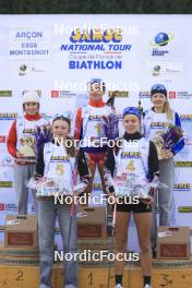 20.10.2024, Arcon, France (FRA): Gianina Piller (SUI), Zabou Mellouet Achard (FRA), Rose Marguet (FRA), Jeanne Dautheville (FRA), Adele Ouvrier-Buffet (FRA), (l-r) - Biathlon Samse Summer Tour, pursuit, Arcon (FRA). www.nordicfocus.com. © Manzoni/NordicFocus. Every downloaded picture is fee-liable.