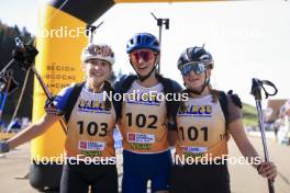 20.10.2024, Arcon, France (FRA): Lola Bugeaud (FRA), Louise Roguet (FRA), Lena Moretti (FRA), (l-r) - Biathlon Samse Summer Tour, pursuit, Arcon (FRA). www.nordicfocus.com. © Manzoni/NordicFocus. Every downloaded picture is fee-liable.