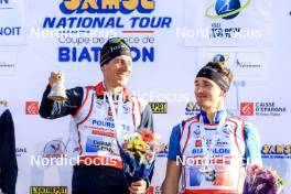 20.10.2024, Arcon, France (FRA): Quentin Fillon Maillet (FRA), Fabien Claude (FRA), (l-r) - Biathlon Samse Summer Tour, pursuit, Arcon (FRA). www.nordicfocus.com. © Manzoni/NordicFocus. Every downloaded picture is fee-liable.