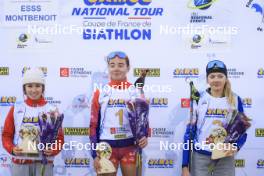 20.10.2024, Arcon, France (FRA): Gianina Piller (SUI), Rose Marguet (FRA), Adele Ouvrier-Buffet (FRA), (l-r) - Biathlon Samse Summer Tour, pursuit, Arcon (FRA). www.nordicfocus.com. © Manzoni/NordicFocus. Every downloaded picture is fee-liable.