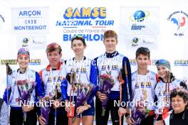 20.10.2024, Arcon, France (FRA): Lola Bugeaud (FRA), Enzo Bouillet (FRA), Louise Roguet (FRA), Leo Carlier (FRA), Clement Pires (FRA), Lena Moretti (FRA), (l-r) - Biathlon Samse Summer Tour, pursuit, Arcon (FRA). www.nordicfocus.com. © Manzoni/NordicFocus. Every downloaded picture is fee-liable.