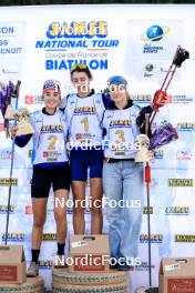 20.10.2024, Arcon, France (FRA): Lola Bugeaud (FRA), Louise Roguet (FRA), Lena Moretti (FRA), (l-r) - Biathlon Samse Summer Tour, pursuit, Arcon (FRA). www.nordicfocus.com. © Manzoni/NordicFocus. Every downloaded picture is fee-liable.