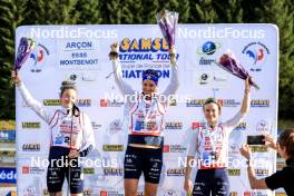 20.10.2024, Arcon, France (FRA): Lou Jeanmonnot (FRA), Julia Simon (FRA), Jeanne Richard (FRA), (l-r) - Biathlon Samse Summer Tour, pursuit, Arcon (FRA). www.nordicfocus.com. © Manzoni/NordicFocus. Every downloaded picture is fee-liable.