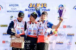 20.10.2024, Arcon, France (FRA): Emilien Jacquelin (FRA), Quentin Fillon Maillet (FRA), Fabien Claude (FRA), (l-r) - Biathlon Samse Summer Tour, pursuit, Arcon (FRA). www.nordicfocus.com. © Manzoni/NordicFocus. Every downloaded picture is fee-liable.