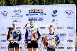 20.10.2024, Arcon, France (FRA): Voldiya Galmace Paulin (FRA), Amandine Mengin (FRA), Celia Henaff (FRA), (l-r) - Biathlon Samse Summer Tour, pursuit, Arcon (FRA). www.nordicfocus.com. © Manzoni/NordicFocus. Every downloaded picture is fee-liable.