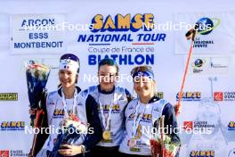 20.10.2024, Arcon, France (FRA): Voldiya Galmace Paulin (FRA), Amandine Mengin (FRA), Lou Anne Dupont Ballet Baz (FRA), (l-r) - Biathlon Samse Summer Tour, pursuit, Arcon (FRA). www.nordicfocus.com. © Manzoni/NordicFocus. Every downloaded picture is fee-liable.