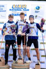 20.10.2024, Arcon, France (FRA): Lukas Tannheimer (GER), Leo Carlier (FRA), Antonin Guy (FRA), (l-r) - Biathlon Samse Summer Tour, pursuit, Arcon (FRA). www.nordicfocus.com. © Manzoni/NordicFocus. Every downloaded picture is fee-liable.