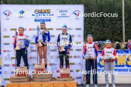 19.10.2024, Arcon, France (FRA): Rose Marguet (FRA), Adele Ouvrier-Buffet (FRA), Zabou Mellouet Achard (FRA), Canelle Midez (FRA), Gianina Piller (SUI), (l-r) - Biathlon Samse Summer Tour, sprint, Arcon (FRA). www.nordicfocus.com. © Manzoni/NordicFocus. Every downloaded picture is fee-liable.