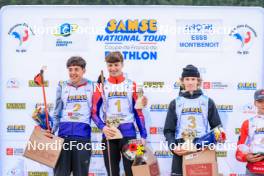 19.10.2024, Arcon, France (FRA): Timeo Amiotte (FRA), Augustin Remonnay (FRA), Tobit Keller (SUI), (l-r) - Biathlon Samse Summer Tour, sprint, Arcon (FRA). www.nordicfocus.com. © Manzoni/NordicFocus. Every downloaded picture is fee-liable.