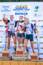 19.10.2024, Arcon, France (FRA): Louise Roguet (FRA), Lena Moretti (FRA), Lola Bugeaud (FRA), (l-r) - Biathlon Samse Summer Tour, sprint, Arcon (FRA). www.nordicfocus.com. © Manzoni/NordicFocus. Every downloaded picture is fee-liable.