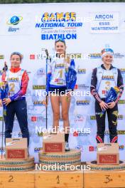 19.10.2024, Arcon, France (FRA): Rose Marguet (FRA), Adele Ouvrier-Buffet (FRA), Zabou Mellouet Achard (FRA), (l-r) - Biathlon Samse Summer Tour, sprint, Arcon (FRA). www.nordicfocus.com. © Manzoni/NordicFocus. Every downloaded picture is fee-liable.