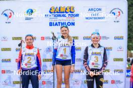 19.10.2024, Arcon, France (FRA): Rose Marguet (FRA), Adele Ouvrier-Buffet (FRA), Zabou Mellouet Achard (FRA), (l-r) - Biathlon Samse Summer Tour, sprint, Arcon (FRA). www.nordicfocus.com. © Manzoni/NordicFocus. Every downloaded picture is fee-liable.