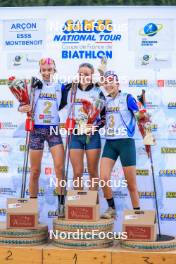 19.10.2024, Arcon, France (FRA): Louise Roguet (FRA), Lena Moretti (FRA), Lola Bugeaud (FRA), (l-r) - Biathlon Samse Summer Tour, sprint, Arcon (FRA). www.nordicfocus.com. © Manzoni/NordicFocus. Every downloaded picture is fee-liable.