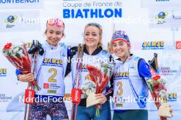 19.10.2024, Arcon, France (FRA): Louise Roguet (FRA), Lena Moretti (FRA), Lola Bugeaud (FRA), (l-r) - Biathlon Samse Summer Tour, sprint, Arcon (FRA). www.nordicfocus.com. © Manzoni/NordicFocus. Every downloaded picture is fee-liable.