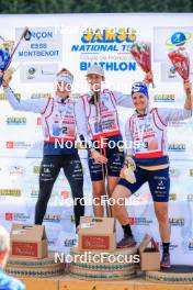 19.10.2024, Arcon, France (FRA): Lou Jeanmonnot (FRA), Chloe Chevalier (FRA), Julia Simon (FRA), (l-r) - Biathlon Samse Summer Tour, sprint, Arcon (FRA). www.nordicfocus.com. © Manzoni/NordicFocus. Every downloaded picture is fee-liable.