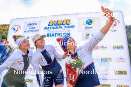 19.10.2024, Arcon, France (FRA): Lou Jeanmonnot (FRA), Chloe Chevalier (FRA), Julia Simon (FRA), (l-r) - Biathlon Samse Summer Tour, sprint, Arcon (FRA). www.nordicfocus.com. © Manzoni/NordicFocus. Every downloaded picture is fee-liable.