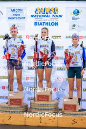 19.10.2024, Arcon, France (FRA): Louise Roguet (FRA), Lena Moretti (FRA), Lola Bugeaud (FRA), (l-r) - Biathlon Samse Summer Tour, sprint, Arcon (FRA). www.nordicfocus.com. © Manzoni/NordicFocus. Every downloaded picture is fee-liable.