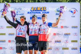 19.10.2024, Arcon, France (FRA): Eric Perrot (FRA), Quentin Fillon Maillet (FRA), Fabien Claude (FRA), (l-r) - Biathlon Samse Summer Tour, sprint, Arcon (FRA). www.nordicfocus.com. © Manzoni/NordicFocus. Every downloaded picture is fee-liable.