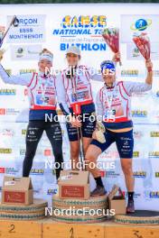 19.10.2024, Arcon, France (FRA): Lou Jeanmonnot (FRA), Chloe Chevalier (FRA), Julia Simon (FRA), (l-r) - Biathlon Samse Summer Tour, sprint, Arcon (FRA). www.nordicfocus.com. © Manzoni/NordicFocus. Every downloaded picture is fee-liable.