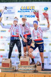 19.10.2024, Arcon, France (FRA): Lou Jeanmonnot (FRA), Chloe Chevalier (FRA), Julia Simon (FRA), (l-r) - Biathlon Samse Summer Tour, sprint, Arcon (FRA). www.nordicfocus.com. © Manzoni/NordicFocus. Every downloaded picture is fee-liable.